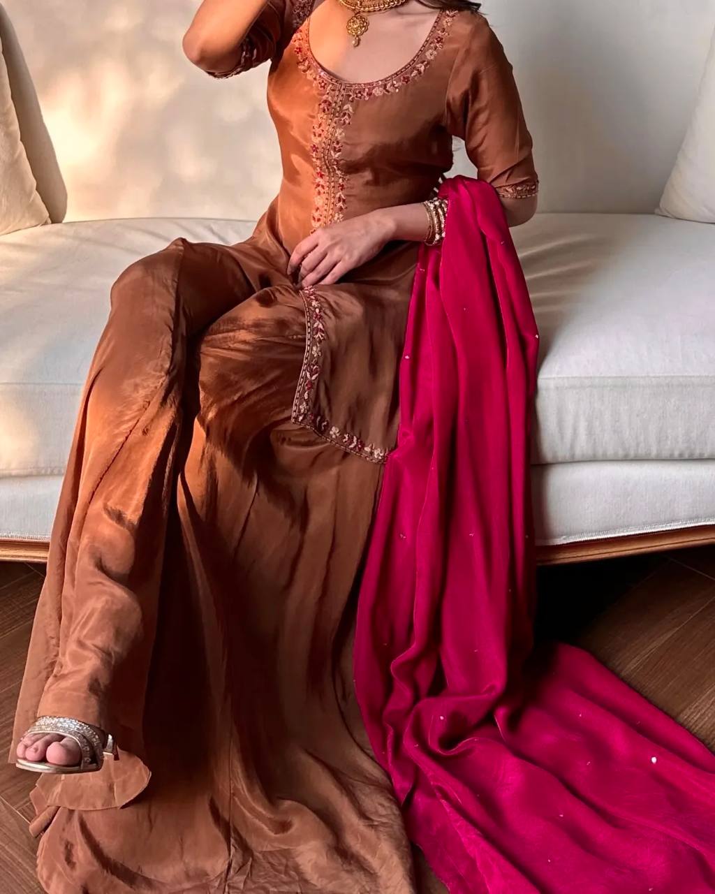 Eye Catching Brown Color Sequence Embroidered Plazzo Suit With Dupatta