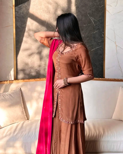Eye Catching Brown Color Sequence Embroidered Plazzo Suit With Dupatta