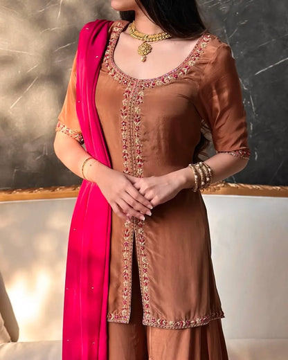 Eye Catching Brown Color Sequence Embroidered Plazzo Suit With Dupatta