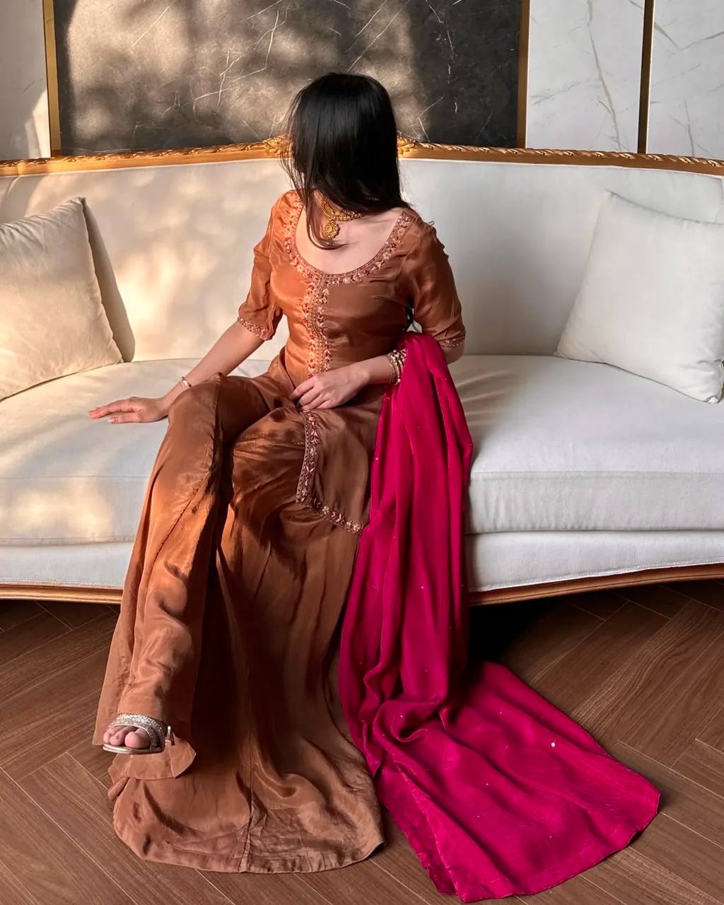 Eye Catching Brown Color Sequence Embroidered Plazzo Suit With Dupatta