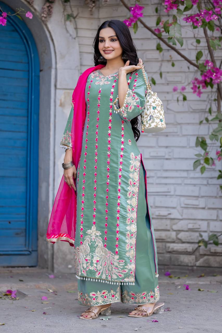 Elegant Sky Green Color Heavy Chine Stitch Work With Full Heavy Fancy Hand Work Palazoo Suit