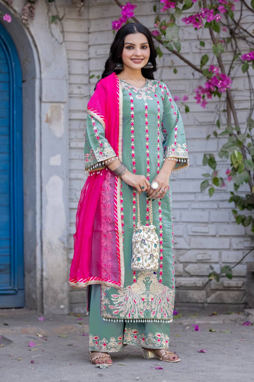 Elegant Sky Green Color Heavy Chine Stitch Work With Full Heavy Fancy Hand Work Palazoo Suit