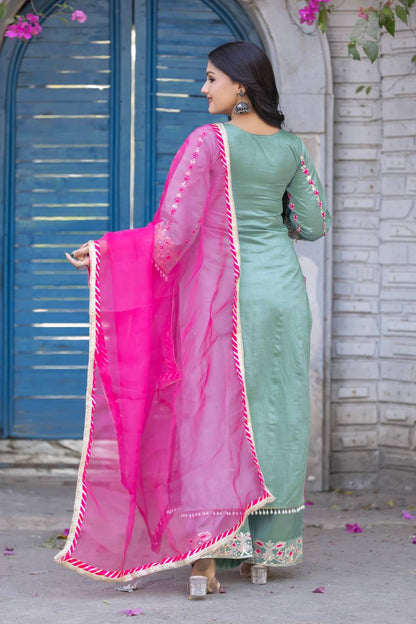 Elegant Sky Green Color Heavy Chine Stitch Work With Full Heavy Fancy Hand Work Palazoo Suit