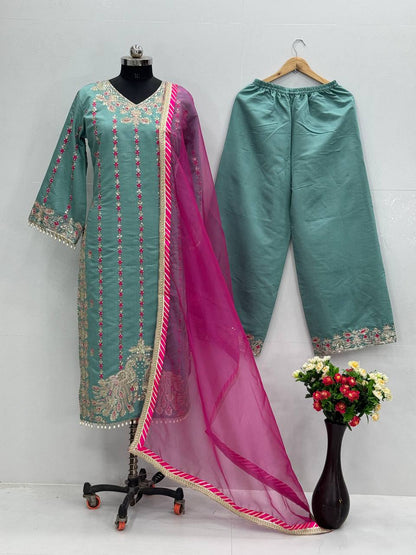 Elegant Sky Green Color Heavy Chine Stitch Work With Full Heavy Fancy Hand Work Palazoo Suit