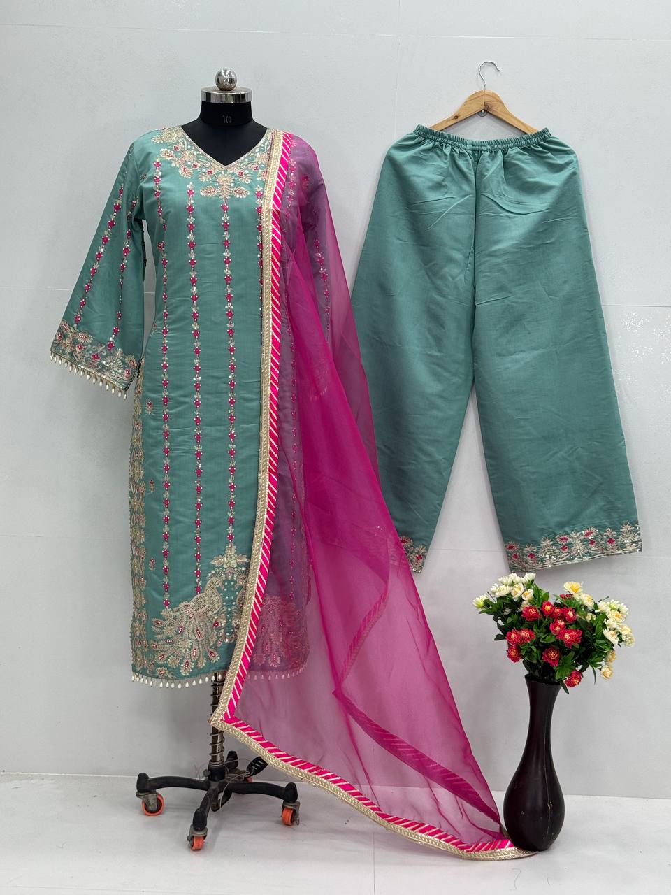 Elegant Sky Green Color Heavy Chine Stitch Work With Full Heavy Fancy Hand Work Palazoo Suit