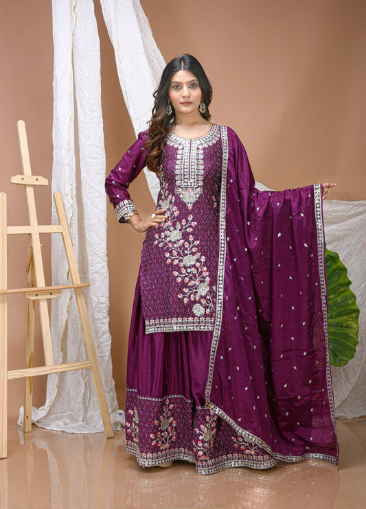 Classical Purple Color Sequence Embroidered Sharara Suit