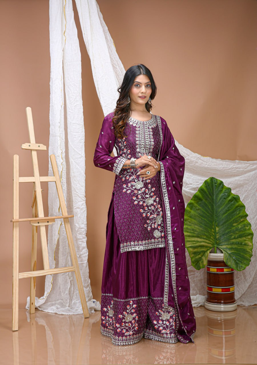 Classical Purple Color Sequence Embroidered Sharara Suit