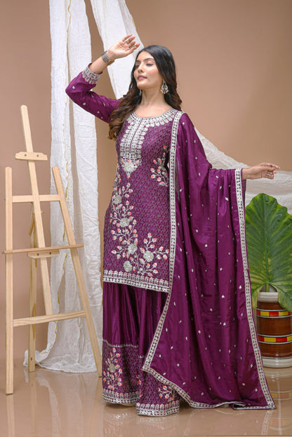 Classical Purple Color Sequence Embroidered Sharara Suit