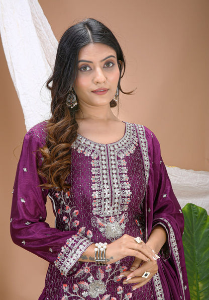 Classical Purple Color Sequence Embroidered Sharara Suit