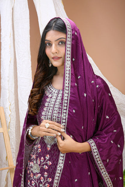 Classical Purple Color Sequence Embroidered Sharara Suit