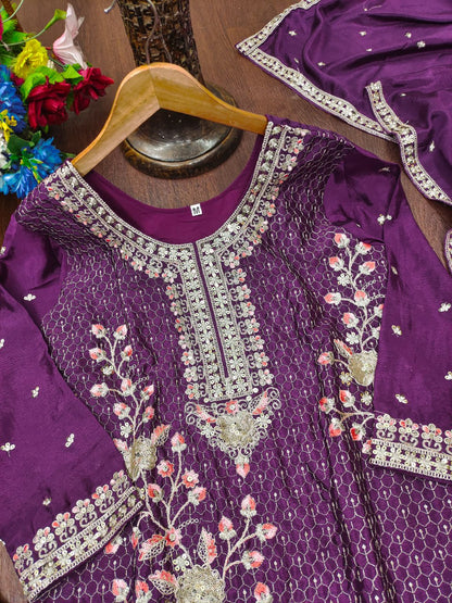 Classical Purple Color Sequence Embroidered Sharara Suit