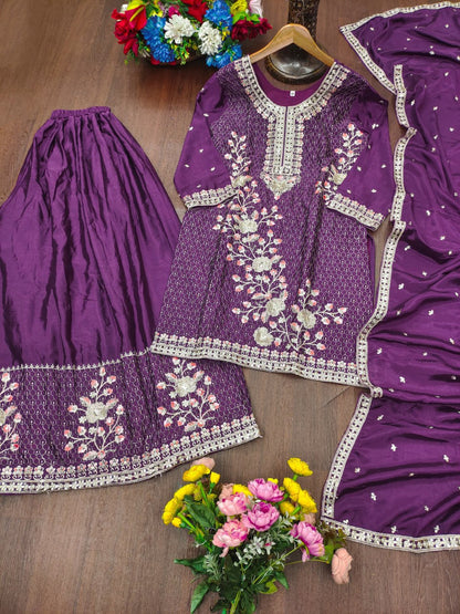Classical Purple Color Sequence Embroidered Sharara Suit