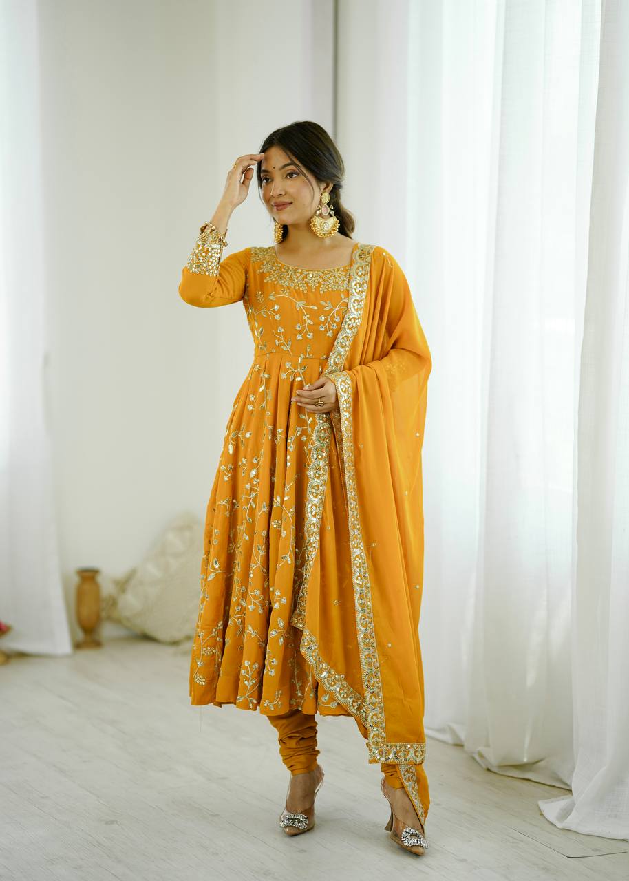 Arti Chahan Wear Yellow Color Embroidery Work Anarkali Suit
