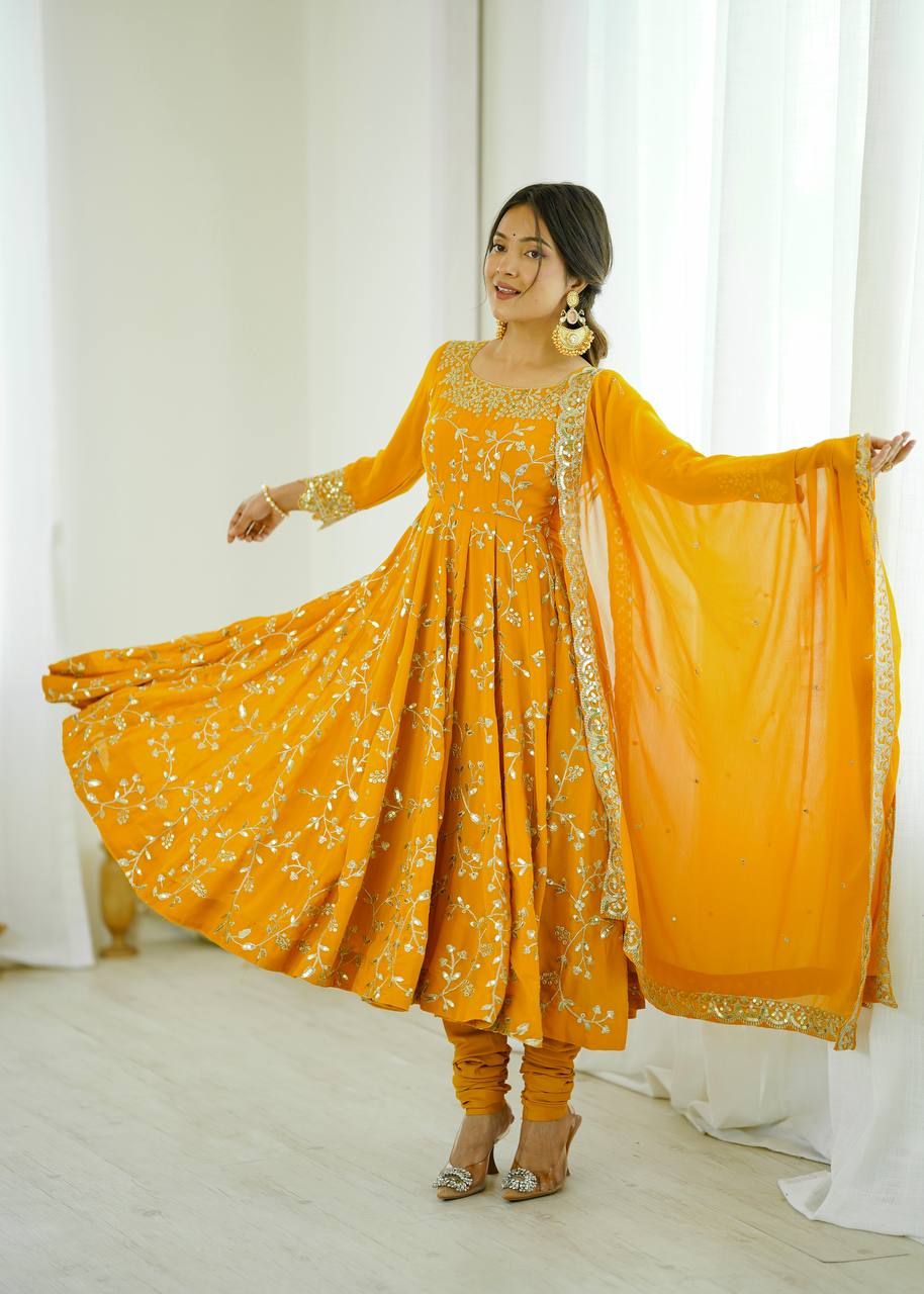 Arti Chahan Wear Yellow Color Embroidery Work Anarkali Suit