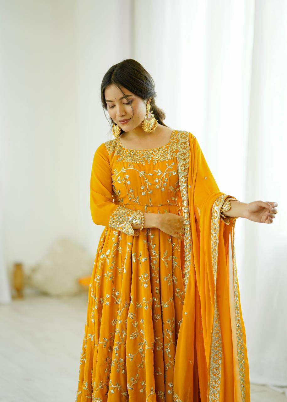 Arti Chahan Wear Yellow Color Embroidery Work Anarkali Suit