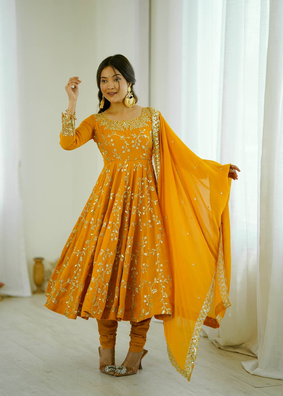 Arti Chahan Wear Yellow Color Embroidery Work Anarkali Suit