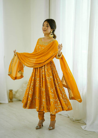Arti Chahan Wear Yellow Color Embroidery Work Anarkali Suit