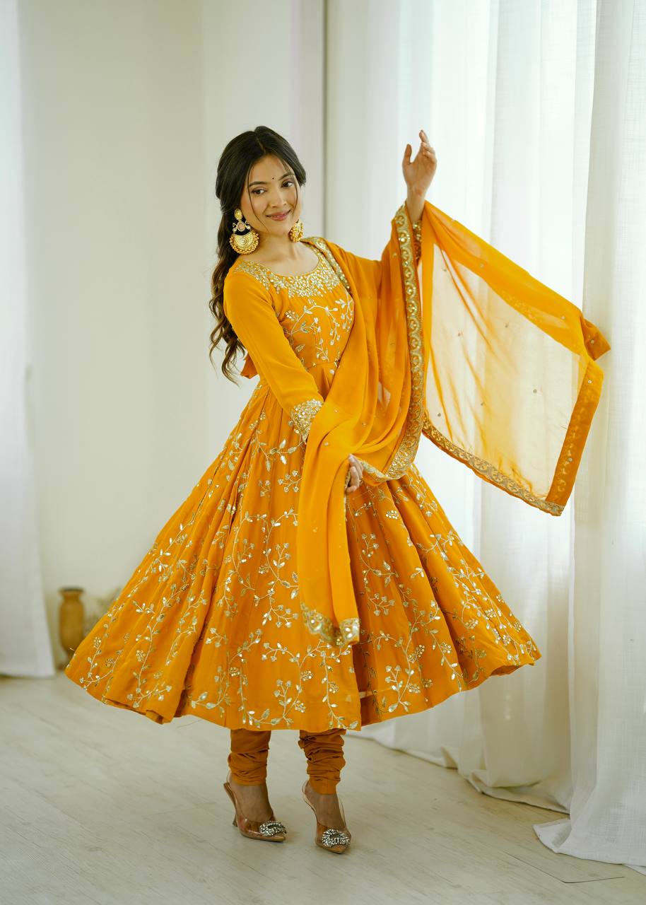 Arti Chahan Wear Yellow Color Embroidery Work Anarkali Suit