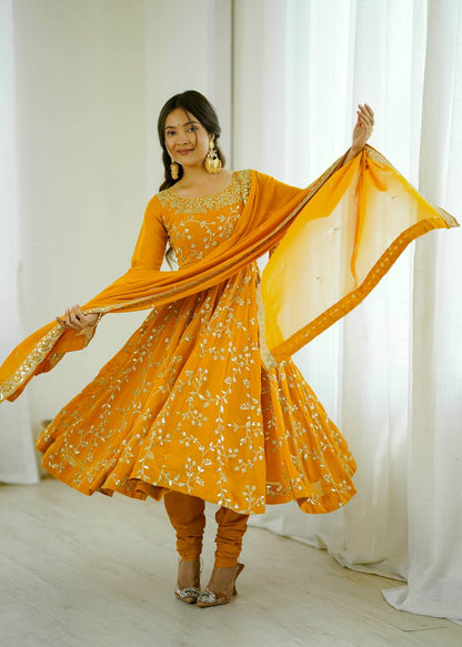 Arti Chahan Wear Yellow Color Embroidery Work Anarkali Suit