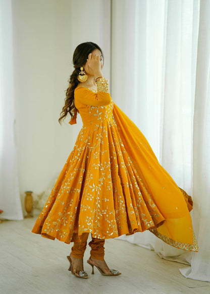 Arti Chahan Wear Yellow Color Embroidery Work Anarkali Suit