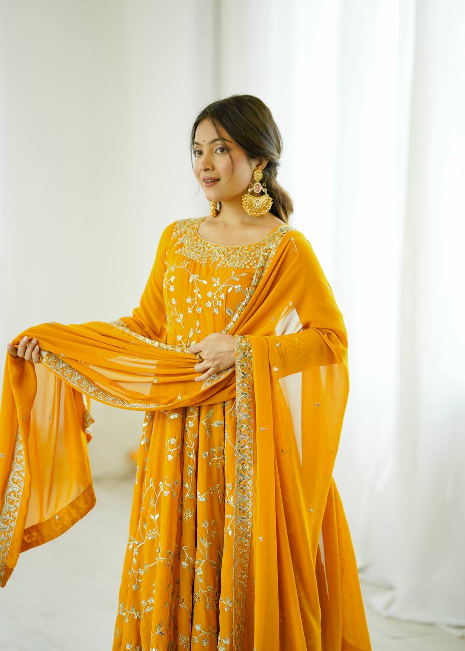 Arti Chahan Wear Yellow Color Embroidery Work Anarkali Suit
