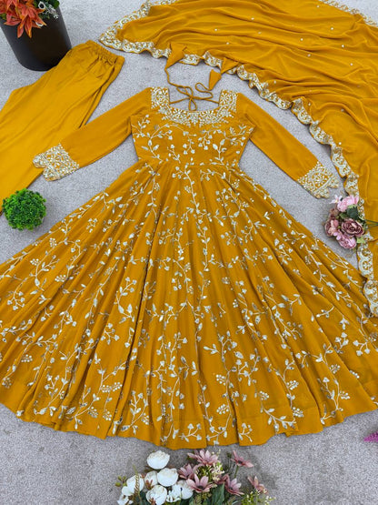 Arti Chahan Wear Yellow Color Embroidery Work Anarkali Suit