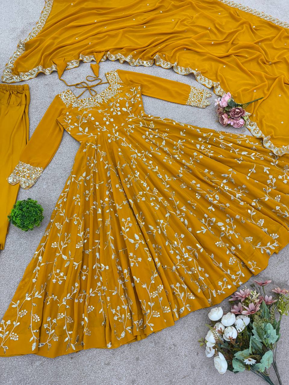 Arti Chahan Wear Yellow Color Embroidery Work Anarkali Suit
