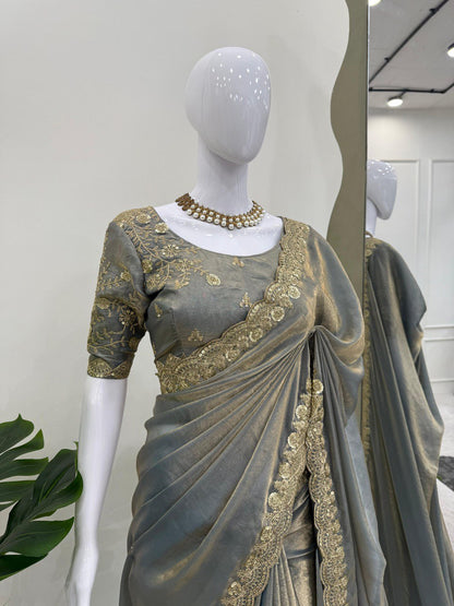 Ravishing Grey Color Fendy Silk With Coding And Sequence Work Designer Saree