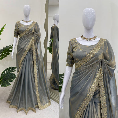 Ravishing Grey Color Fendy Silk With Coding And Sequence Work Designer Saree