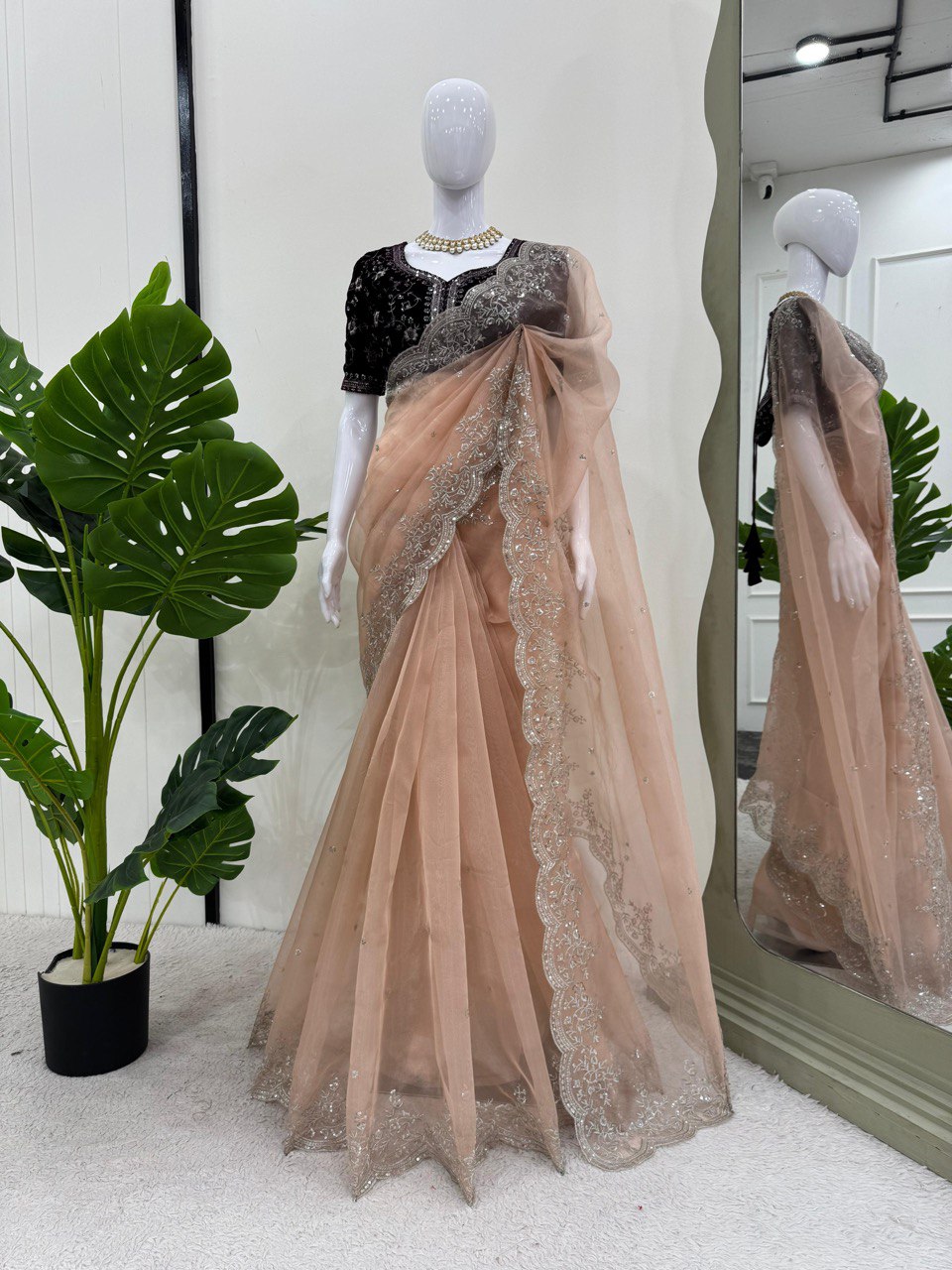 Terrific Peach Color Organza Silk And Thread With Sequence Work Designer Saree