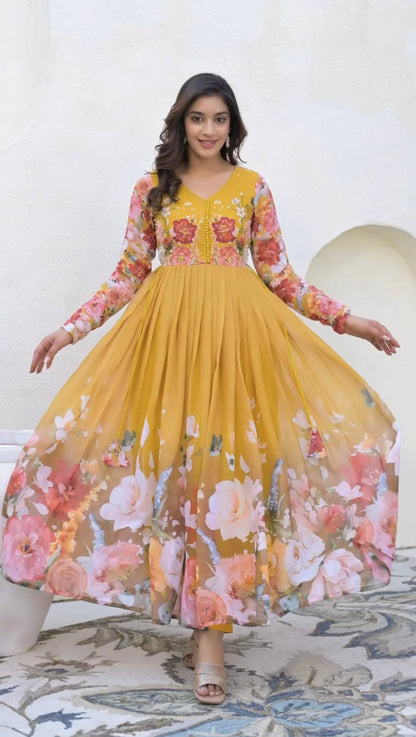 Designer Yellow Color Printed Faux Georgette Gown Set