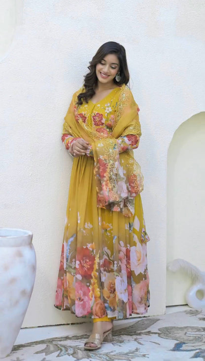 Designer Yellow Color Printed Faux Georgette Gown Set