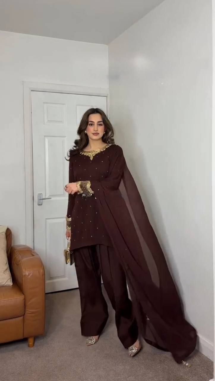 Casual Wear Brown Color Heavy Faux Georgette With Embroidery Sequence Work Salwar Suit