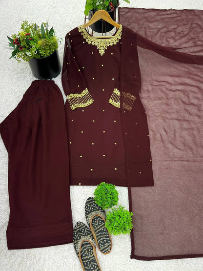 Casual Wear Brown Color Heavy Faux Georgette With Embroidery Sequence Work Salwar Suit