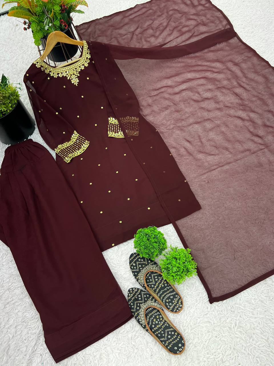 Casual Wear Brown Color Heavy Faux Georgette With Embroidery Sequence Work Salwar Suit