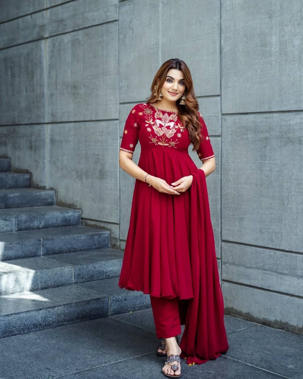 Wedding Wear Red Color Georgette Embroidery Palazzo Set