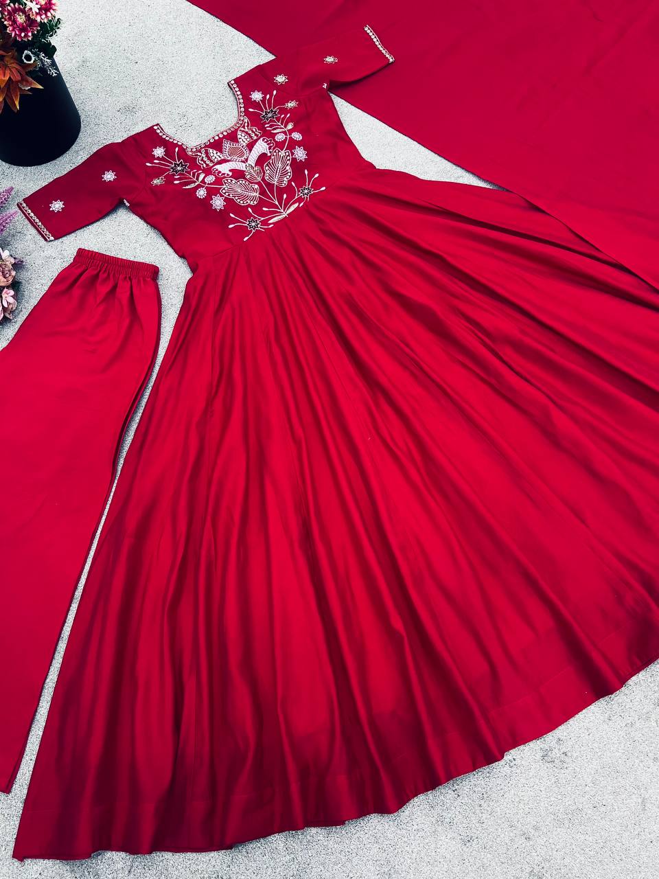 Wedding Wear Red Color Georgette Embroidery Palazzo Set