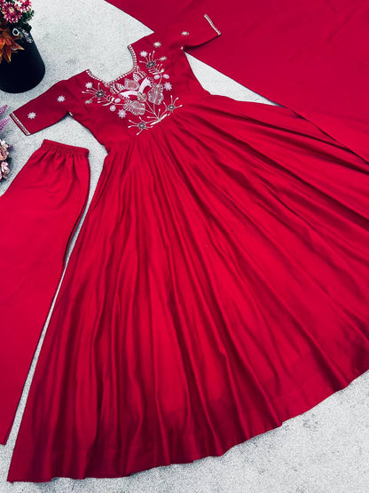 Wedding Wear Red Color Georgette Embroidery Palazzo Set