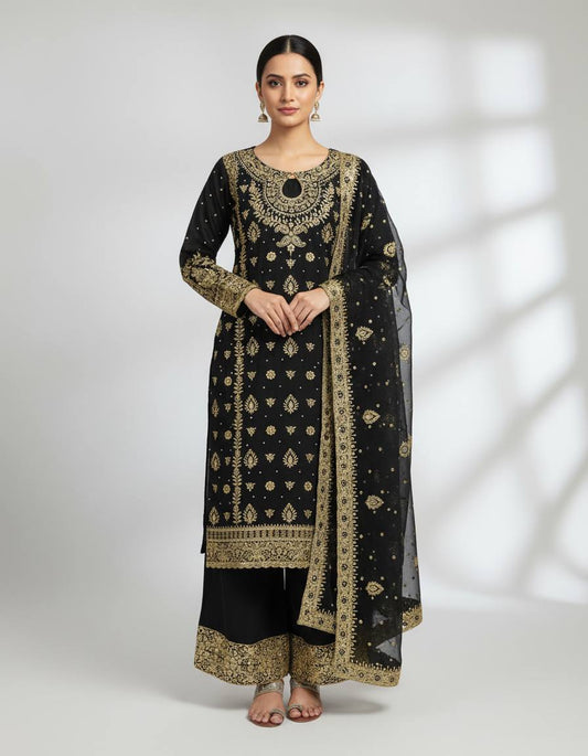 Elegant Black Color Georgette Embroidered Pakistani Palazzo Suit