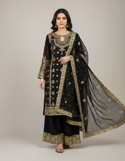 Elegant Black Color Georgette Embroidered Pakistani Palazzo Suit