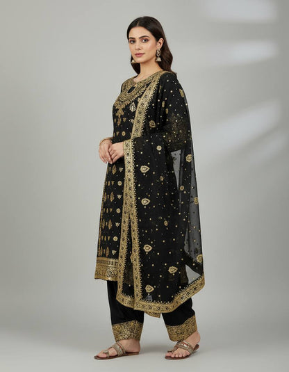 Elegant Black Color Georgette Embroidered Pakistani Palazzo Suit