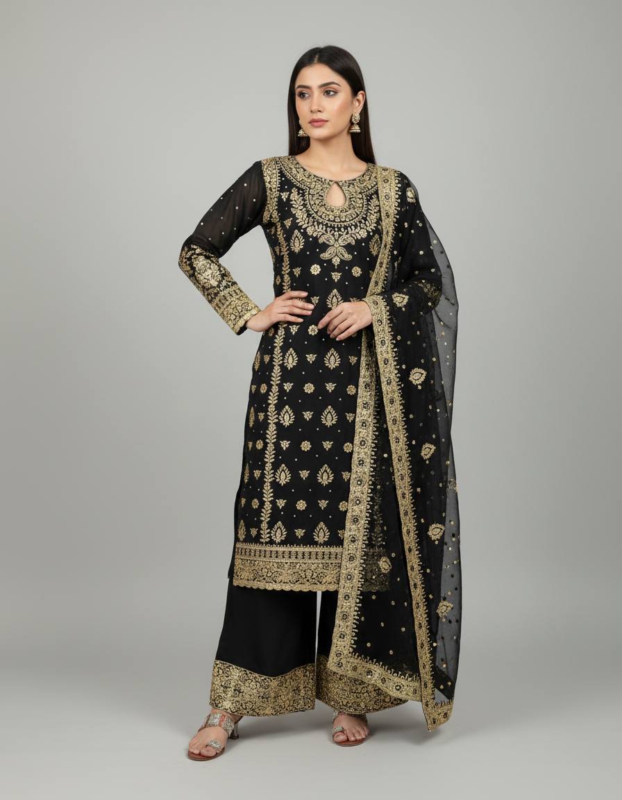 Elegant Black Color Georgette Embroidered Pakistani Palazzo Suit