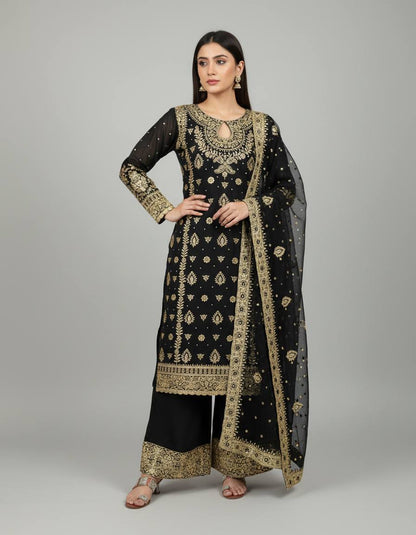 Elegant Black Color Georgette Embroidered Pakistani Palazzo Suit