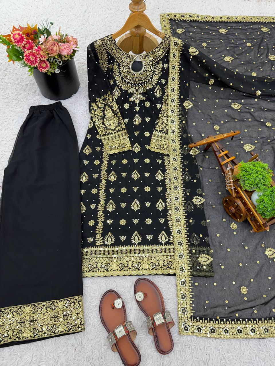 Elegant Black Color Georgette Embroidered Pakistani Palazzo Suit