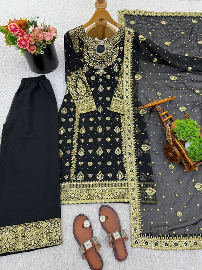 Elegant Black Color Georgette Embroidered Pakistani Palazzo Suit