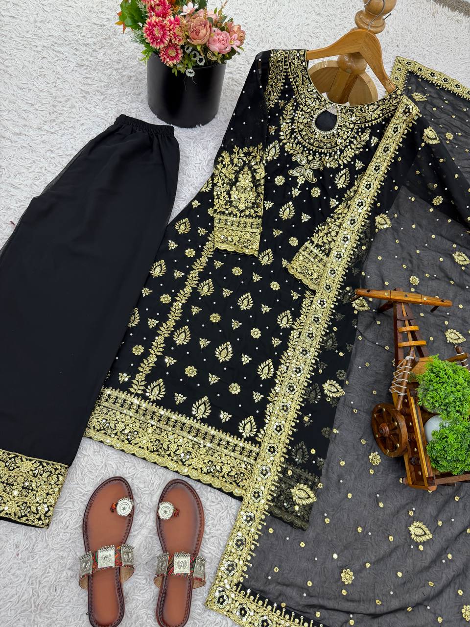 Elegant Black Color Georgette Embroidered Pakistani Palazzo Suit