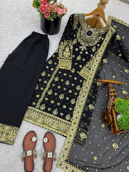 Elegant Black Color Georgette Embroidered Pakistani Palazzo Suit