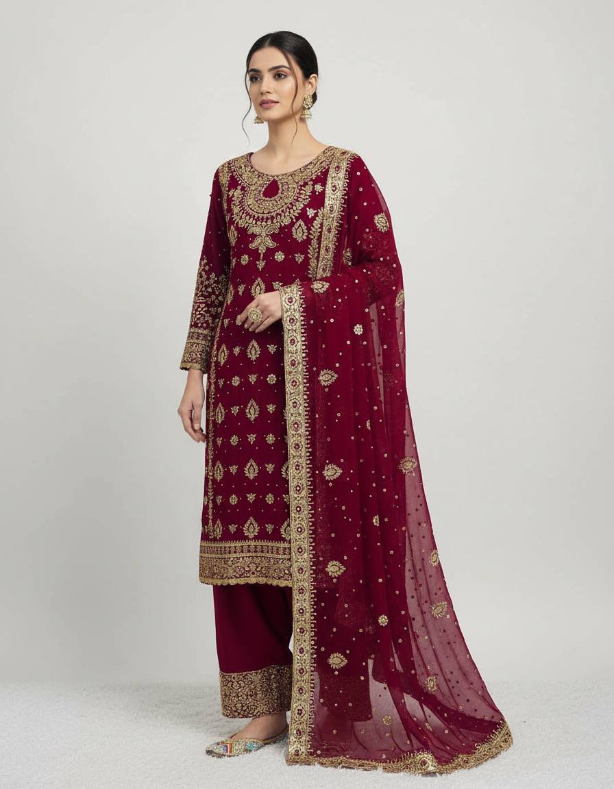 Elegant Maroon Color Georgette Embroidered Pakistani Palazzo Suit