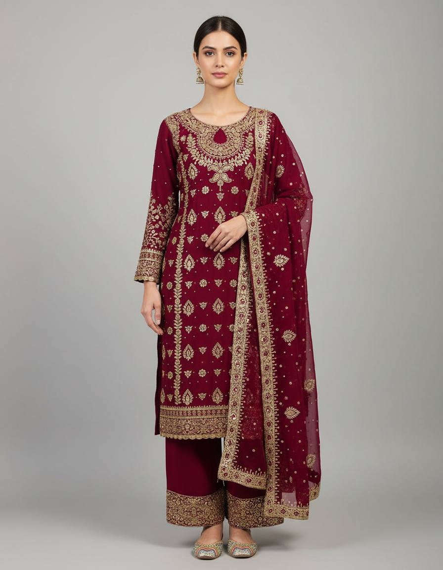 Elegant Maroon Color Georgette Embroidered Pakistani Palazzo Suit