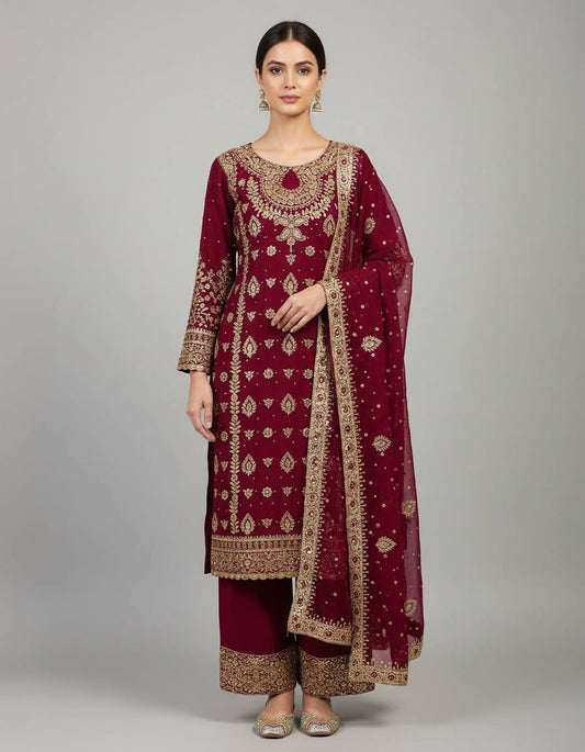 Elegant Maroon Color Georgette Embroidered Pakistani Palazzo Suit